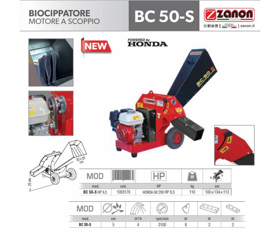 Biotrituratore Zanon BC 50-S con motore HONDA GX 200 - 6,5 HP